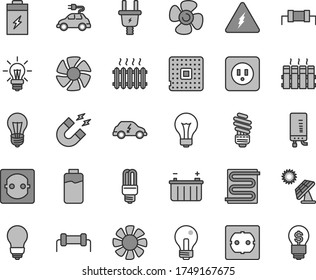 Thin line gray tint vector icon set - matte light bulb vector, incandescent lamp, saving, power socket type b, f, heating coil, radiator, electronic boiler, fan screw, charge level, charging battery