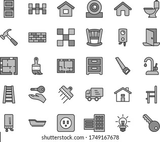 Thin line gray tint vector icon set - house vector, cradle, bath, a chair for feeding, dwelling, brickwork, arm saw, wooden paint brush, stepladder, toilet, laying out, lay of flat, interroom door
