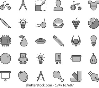 Thin line gray tint vector icon set - tassel vector, graphite pencil, woman, Child T shirt, children's potty, small teddy bear, bicycle, tricycle, color samples, electronic boiler, core, big burger