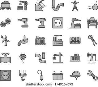 Thin line gray tint vector icon set - tower crane vector, hook, winch, gears, concrete mixer, adjustable wrench, cordless drill, sewerage, power socket type f, helmet, plummet, core, coal mining