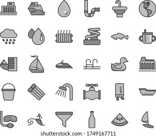 Thin line gray tint vector icon set - mug for feeding vector, rubber duck, bath, rainy cloud, bucket, washbasin, shower, siphon, electronic boiler, drop, small fish, slice of water melon, valve