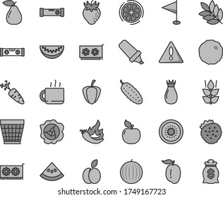 Thin line gray tint vector icon set - warning vector, wicker pot, pennant, construction level, building, cabbage, cucumber, cup of tea, strawberries, apple, mint, squash, pear, apricot, strawberry