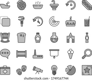 Thin line gray tint vector icon set - magnifier vector, first aid kit, cradle, baby cot, children's bathroom, box of bricks, shoes for little children, washbasin, speech, copy, Easter cake, Hot Dog