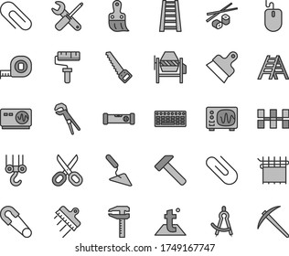 Thin line gray tint vector icon set - paint roller vector, scissors, clip, safety pin, winch hook, building trowel, concrete mixer, small tools, adjustable wrench, arm saw, measuring tape, ladder