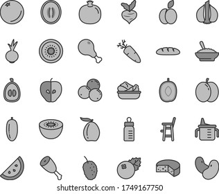 Thin line gray tint vector icon set - measuring cup for feeding vector, bottle, a chair child, cheese, loaf, bowl of buckwheat porridge, lettuce in plate, chicken leg, thigh, beet, carrot, apple