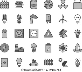 Thin line gray tint vector icon set - matte light bulb vector, saving, power socket type f, radiator, new, electronic boiler, marine propeller, charge level, charging battery, big solar panel, oil