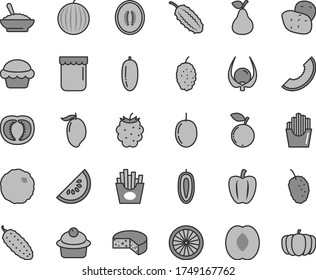 Thin line gray tint vector icon set - cheese vector, cake, muffin, a bowl of buckwheat porridge, cabbage, cucumber, French fries, fried potato slices, jam, pear, blackberry, blueberry, mulberry