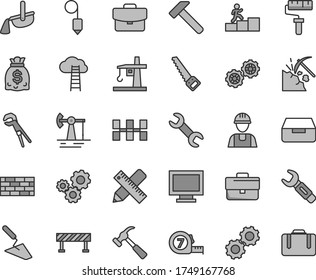Thin line gray tint vector icon set - paint roller vector, monitor window, briefcase, builder, brickwork, gears, trowel, adjustable wrench, arm saw, long meashuring tape, writing accessories, hammer