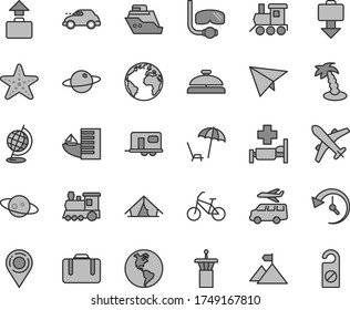 Thin line gray tint vector icon set - sign of the planet vector, baby toy train, Earth, retro car, location, history, globe, saturn, mountain flag, paper plane, camper, bike, airport tower, suitcase