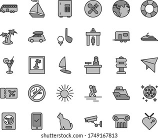 Thin line gray tint vector icon set - earth vector, car baggage, camper, bus, sail boat, hang glider, backpacker, security gate, passport, plane ticket, phone registration, sun, palm tree, cocktail