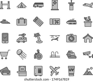 Thin line gray tint vector icon set - plane vector, train, bus, airport tower, rope barrier, suitcase, baggage scanner, passort control, ticket, phone registration, credit card, boungalow, tent