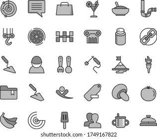 Thin line gray tint vector icon set - image of thought vector, spectacles, women, remove label, folder bookmark, mug for feeding, powder, plastic fork spoons, winch hook, trowel, building, siphon