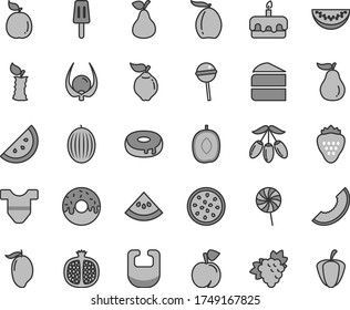 Thin line gray tint vector icon set - bib vector, Child T shirt, piece of cake, torte, with a hole, glazed, Chupa Chups, lollipop, popsicle, strawberry, pear, orange slice, peach, half pomegranate