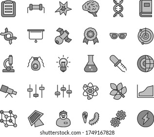 Thin line gray tint vector icon set - flask vector, microscope, telescope, atom, glasses, dna, bulb, brain, gears, settings, satellite, bactery, book, pipette, scientist, clipboard, growth graph