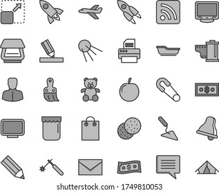 Thin line gray tint vector icon set - bell vector, image of thought, envelope, camera roll, rss feed, safety pin, bath, teddy bear, building trowel, plastic brush, drawing, artificial satellite, jam