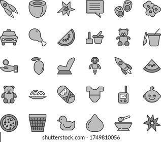 Thin line gray tint vector icon set - image of thought vector, wicker pot, Child T shirt, car seat, baby duckling, tumbler, toy phone, sand set, children's, deep plate with a spoon, teddy bear, fig