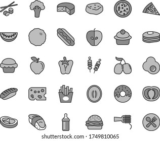 Thin line gray tint vector icon set - measuring bottle for feeding vector, piece of cheese, fried vegetables on sticks, pizza, Hot Dog, burger, noodles, cake, muffin, glazed with a hole, bacon, meat
