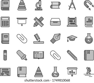 Thin line gray tint vector icon set - clip vector, graphite pencil, calculator, stacking rings, toy, e, books, abacus, writing accessories, drawing, book, notebook, drawer, round flask, magnet