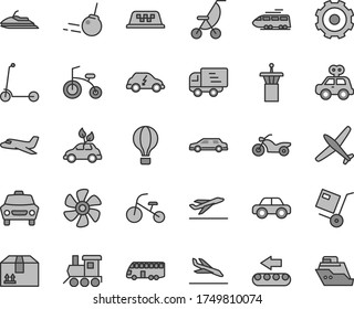 Thin line gray tint vector icon set - truck lorry vector, summer stroller, motor vehicle, present, baby toy train, child bicycle, tricycle, Kick scooter, core, car, cardboard box, shipment, electric