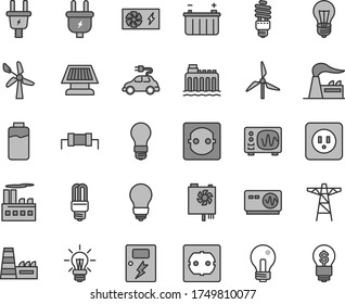 Thin line gray tint vector icon set - incandescent lamp vector, bulb, power socket type b, f, dangers, charge level, windmill, wind energy, factory, battery, light, hydroelectricity, pole, plug, car