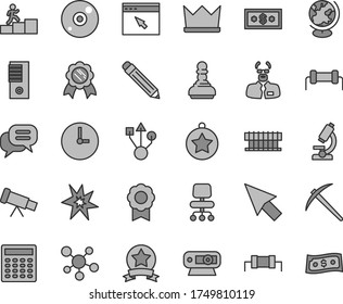 Thin line gray tint vector icon set - graphite pencil vector, wall clock, radiator fan, pc tower, web camera, usb, cd, browser, chair, cursor, microscope, telescope, molecule, globe, scientist, bang