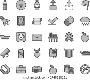Thin line gray tint vector icon set - briefcase vector, add bookmark, measuring bottle for feeding, bath, rainy cloud, books, envelope, flag, strongbox, coins, move up, cake slice, soda can, biscuit