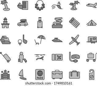 Thin line gray tint vector icon set - suitcase vector, passport, sand castle, plane, car baggage, camper, passenger, rolling, ticket, case, hotel, tent, beach, arnchair under umbrella, palm tree
