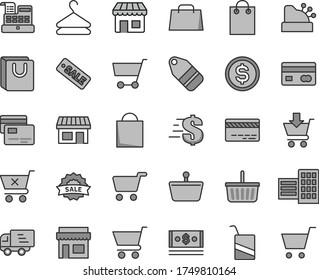 Thin line gray tint vector icon set - paper bag vector, grocery basket, bank card, dollar, e, city block, cart, put in, crossed, with handles, cards, hanger, label, kiosk, stall, shopping, cash