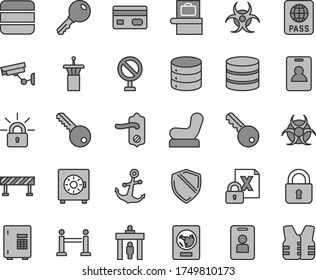 Juego de iconos vectoriales de tono gris de línea delgada - vector de prohibición, silla de bebé, llave, pomo de puerta, valla de carretera, candado, ancla, pasaporte, big data, caja fuerte, lado inverso de una tarjeta bancaria, cifrado, riesgo biológico
