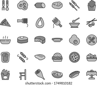 Thin line gray tint vector icon set - plates and spoons vector, a chair for feeding, iron fork, sausage, stick of, cheese, pizza, piece, mini hot dog, burger, spaghetti, noodles, porridge, bacon