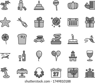 Thin line gray tint vector icon set - daily calendar vector, colored air balloons, balloon, cake, birthday, gift, Easter, Chupa Chups, lollipop, glass, pumpkin, wall, giftbox, sand castle, wine