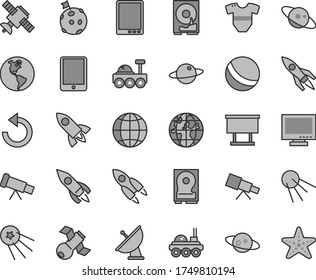 Thin line gray tint vector icon set - monitor vector, counterclockwise, t short, bath ball, earth, artificial satellite, planet, billboard, rocket, tablet pc, hdd, telescope, antenna, saturn, first