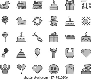 Thin line gray tint vector icon set - heart symbol vector, toys over the cradle, bib, rubber duck, baby duckling, teddy bear, toy train, children's, colored air balloons, balloon, cake, birthday