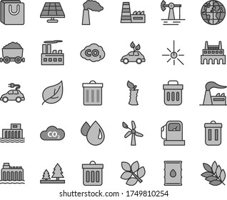 Thin line gray tint vector icon set - bin vector, dust, bag with handles, apple stub, solar panel, working oil derrick, leaf, gas station, wind energy, manufacture, factory, hydroelectric, forest