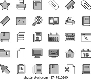 Thin line gray tint vector icon set - monitor window vector, clip, add bookmark, clean sheet of paper, zoom, folder, book, e, home, calendar, star, notebook, delete page, statistical report, wall