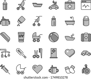 Thin line gray tint vector icon set - heart symbol vector, first aid kit, toys over the cradle, mug for feeding, measuring cup, bottle, powder, baby, stroller, carriage, summer, sitting, bath ball
