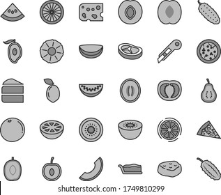 Thin line gray tint vector icon set - stationery knife vector, piece of cheese, pizza, cake, slice, bacon, meat, cucumber, plum, melon, half mango, delicious, peach, water, cherry, kiwi, sour lime