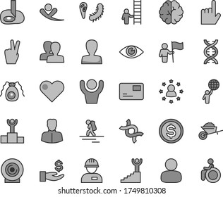 Thin line gray tint vector icon set - woman vector, women, workman, garden trolley, heart, index finger, eye, pass card, lens, man, dollar, get a wage, dna, brain, bactery, artifical insimination