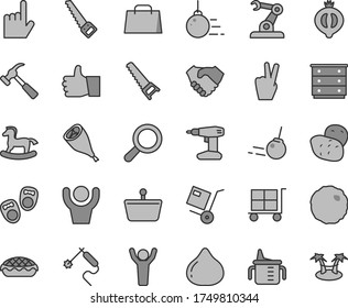 Thin line gray tint vector icon set - cargo trolley vector, magnifier, chest of drawers, measuring cup for feeding, small rocking horse, shoes little children, big core, drill, hand saw, arm, fig