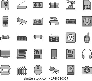 Thin line gray tint vector icon set - keyboard vector, power socket type b, heating coil, faucet mixer, headphones, screen, smartphone, assembly robot, SIM, cast iron radiator, mobile phone, fan