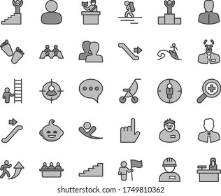 Thin line gray tint vector icon set - zoom vector, women, summer stroller, funny hairdo, children's tracks, workman, employee, index finger, speech, court hearing, woman, man, in sight, goal, flying