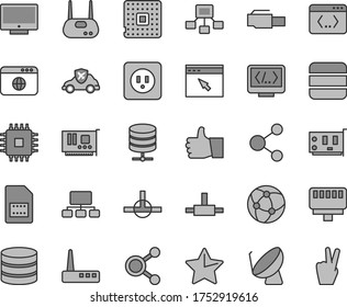 Thin line gray tint vector icon set - power socket type b vector, star, thumb up, screen, big data server, autopilot, processor, satellite dish, SIM card, connection, connections, scheme, cpu, pc