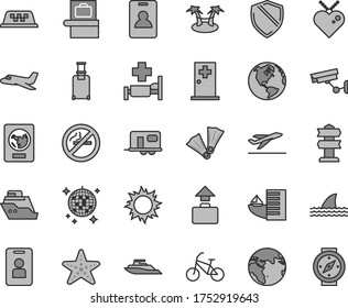 Thin line gray tint vector icon set - earth vector, plane, camper, taxi, bike, identity card, rolling suitcase, baggage scanner, passport, departure, hotel, sun, disco ball, hospital bed, starfish