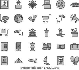 Thin line gray tint vector icon set - earth vector, plane, train, camper, backpacker, airport tower, identity card, suitcase, baggage scanner, passort control, passport, phone registration, tent