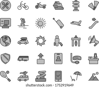 Thin line gray tint vector icon set - earth vector, plane, car baggage, bus, bike, motorcycle, backpacker, escalator, identity card, security gate, passenger, phone registration, rolling case, atm