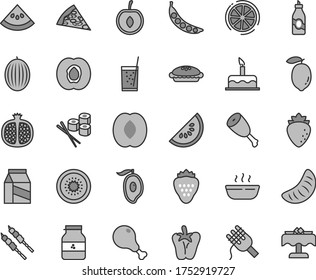 Thin line gray tint vector icon set - cake vector, package, piece of pizza, spaghetti, pie, hot porridge, chicken leg, thigh, barbecue, peper, sushi set, a glass soda, jar jam, strawberry, liquor