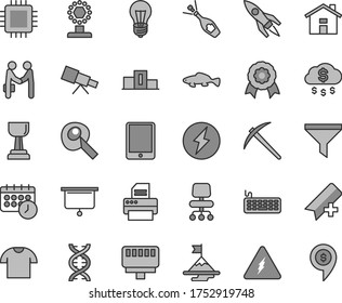 Thin line gray tint vector icon set - house vector, add bookmark, T shirt, small fish, bulb, filter, tablet pc, keyboard, cpu, printer, lan connector, chair, schedule clock, telescope, electricity