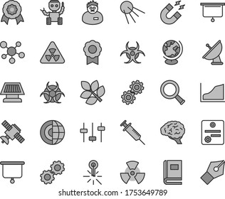 Juego de íconos vectores de tintes grises de línea delgada - vector satelital artificial, termómetro de mercurio, molécula, nuclear, zoom, cerebro, engranajes, ajustes, libro, bioriesgo, globo, imán, científico, gráfico de crecimiento