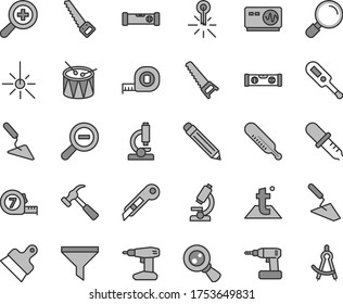 Thin line gray tint vector icon set - graphite pencil vector, zoom, out, electronic thermometer e, mercury, drum, trowel, building, cordless drill, hand saw, arm, measuring tape, long meashuring