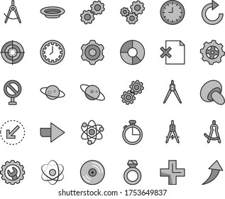 Thin line gray tint vector icon set - prohibition vector, clock face, right direction, plus, clockwise, cogwheel, gear, left bottom arrow, timer, CD, delete page, porcini, plate, scribed compasses